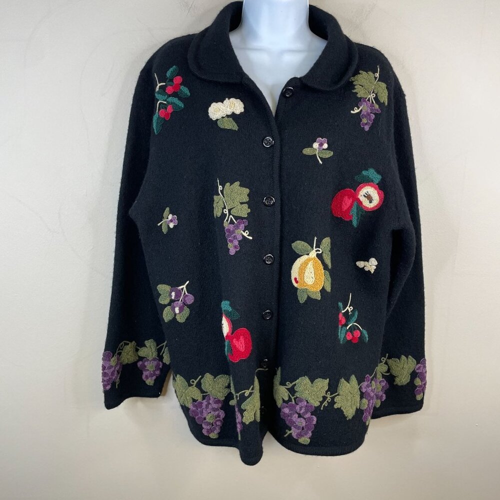 Claire Murray Vintage FRUIT Boho Sweater Medium Whimsy EMBROIDERED Cozy Cardigan